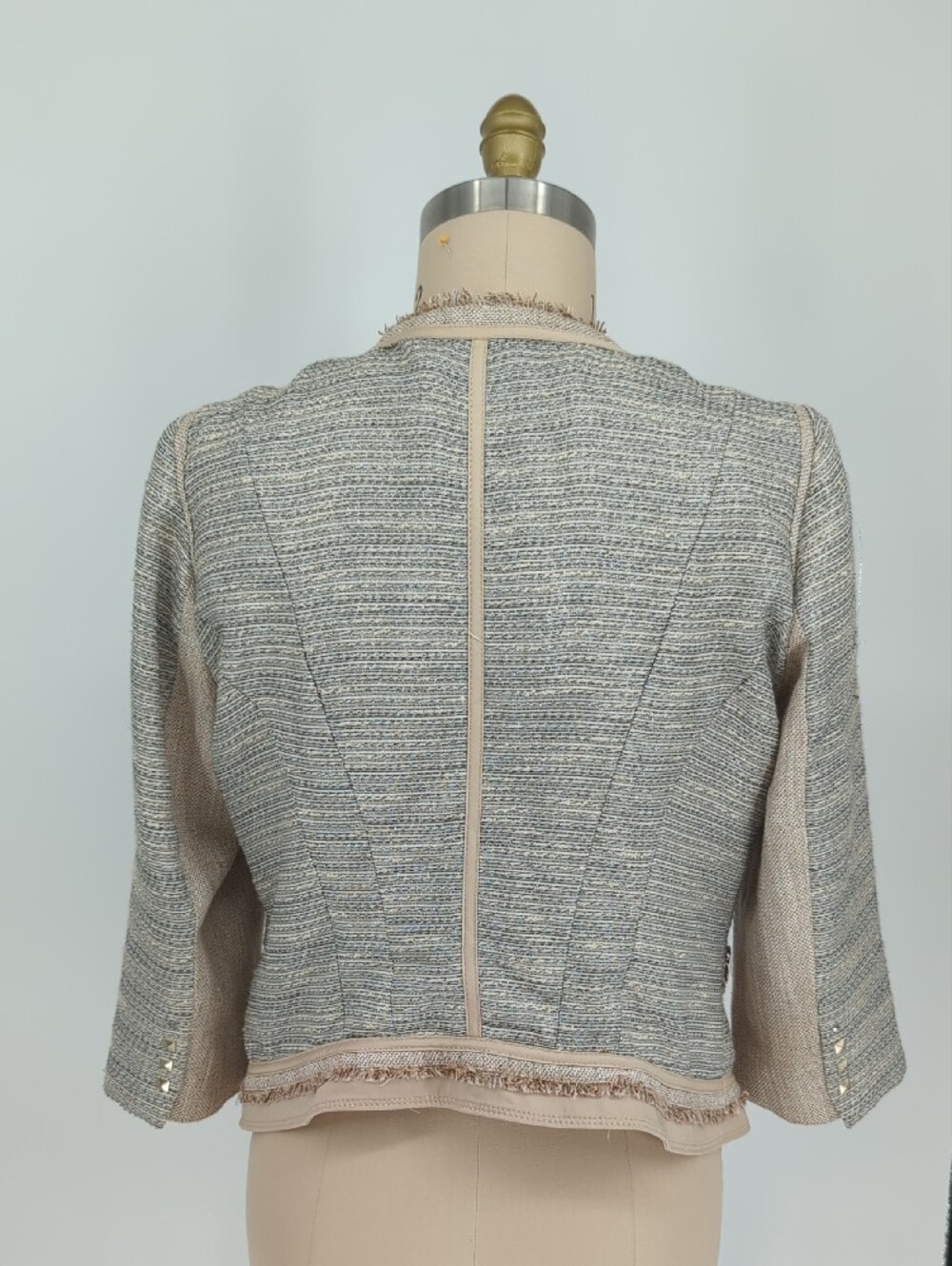 00398 WHBM Tweed Fringe Pocket Jacket Cream Blue size 14 preppy Business casual - Picture 2 of 9